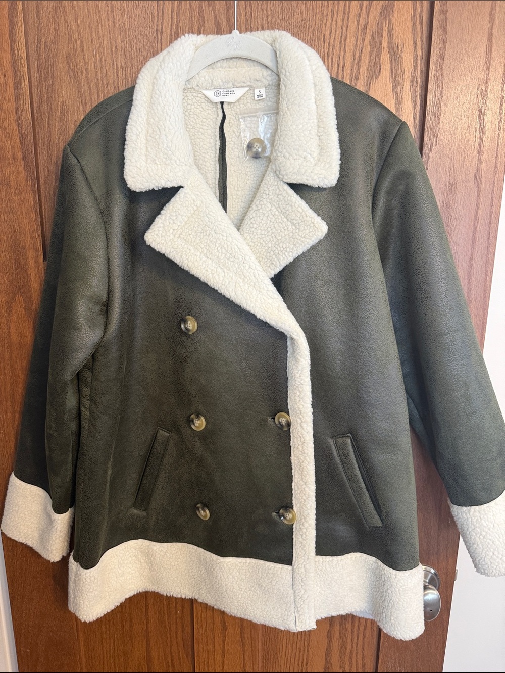 Candace Cameron Bure Olive Green Peacoat with Cream Sherpa Trim